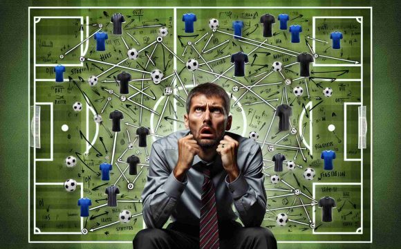 Generate a realistic high definition image that depicts an anxious football manager surrounded by various strategies, tactics, and formations as he faces a challenging decision in the midfield ahead of a crucial match.