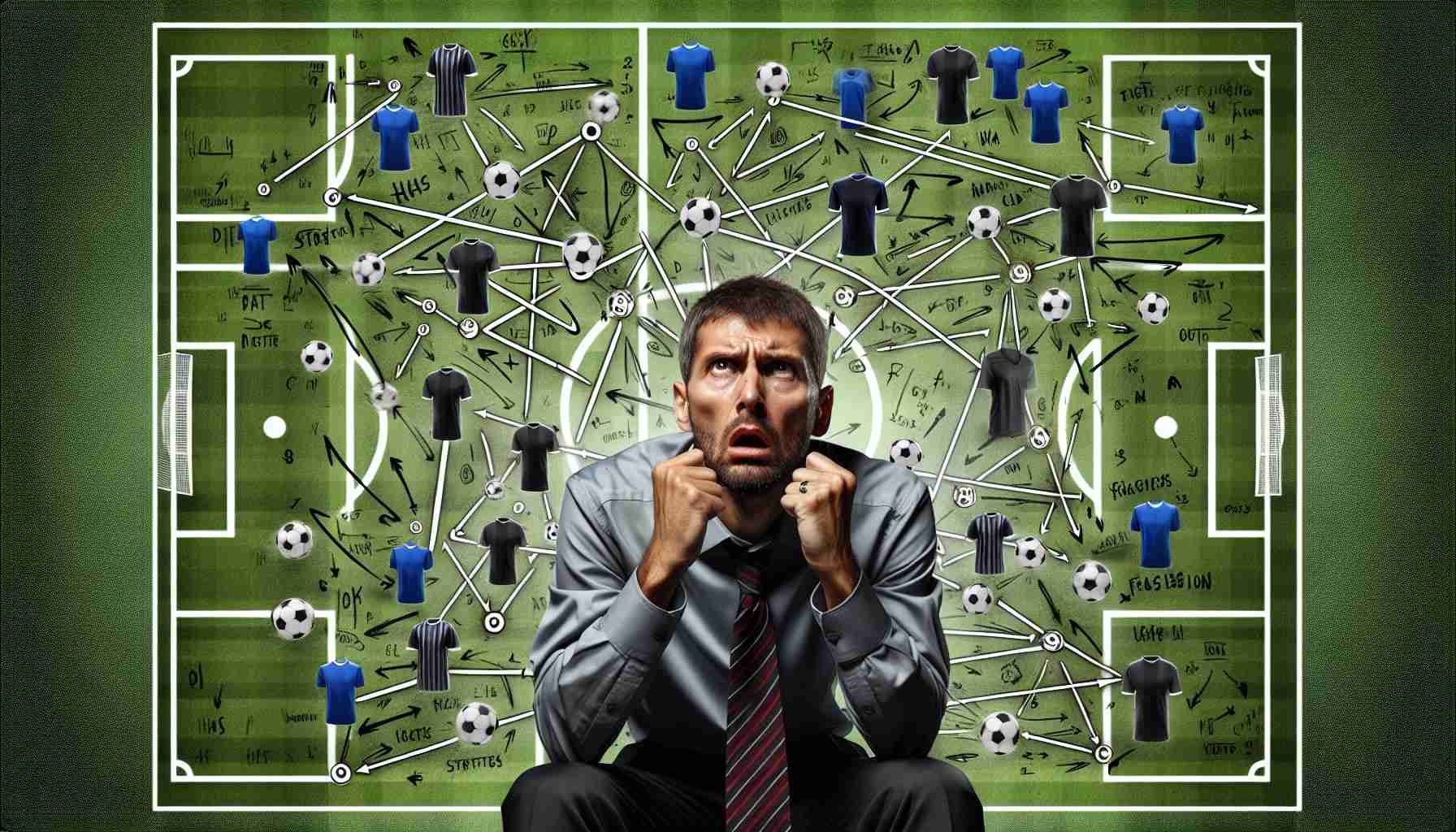 Generate a realistic high definition image that depicts an anxious football manager surrounded by various strategies, tactics, and formations as he faces a challenging decision in the midfield ahead of a crucial match.