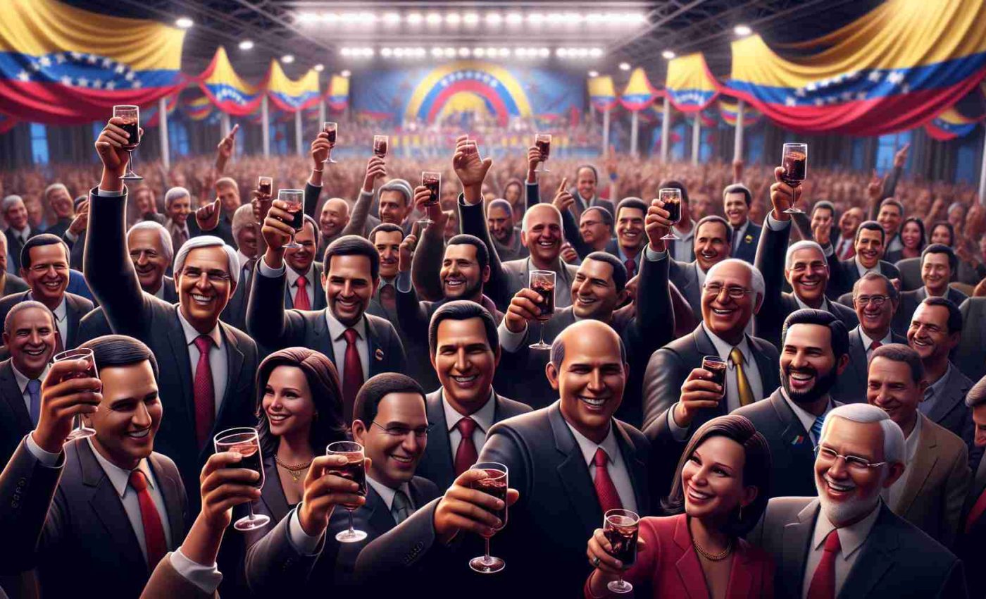 An image depicting a group of Venezuelan politicians in a celebratory setting. They are raising their glasses in a toast, smiles bright on their faces. There is a sense of unity and shared joy among them. The backdrop includes a festively decorated venue, with flags and banners. The individuals are diverse in terms of age, with a balanced representation of men and women. Care is to be taken to emphasize the realistic nature of the image. It should be in high definition and have a rich color palette.