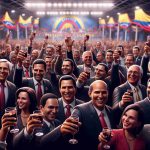 An image depicting a group of Venezuelan politicians in a celebratory setting. They are raising their glasses in a toast, smiles bright on their faces. There is a sense of unity and shared joy among them. The backdrop includes a festively decorated venue, with flags and banners. The individuals are diverse in terms of age, with a balanced representation of men and women. Care is to be taken to emphasize the realistic nature of the image. It should be in high definition and have a rich color palette.