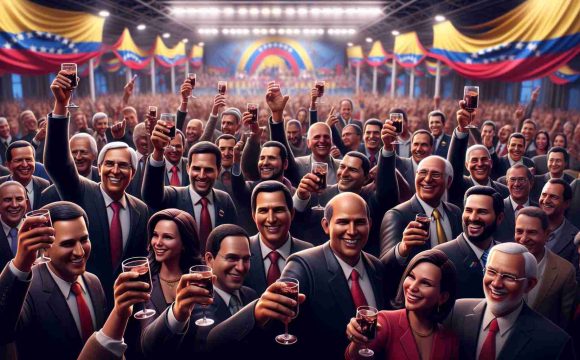 An image depicting a group of Venezuelan politicians in a celebratory setting. They are raising their glasses in a toast, smiles bright on their faces. There is a sense of unity and shared joy among them. The backdrop includes a festively decorated venue, with flags and banners. The individuals are diverse in terms of age, with a balanced representation of men and women. Care is to be taken to emphasize the realistic nature of the image. It should be in high definition and have a rich color palette.