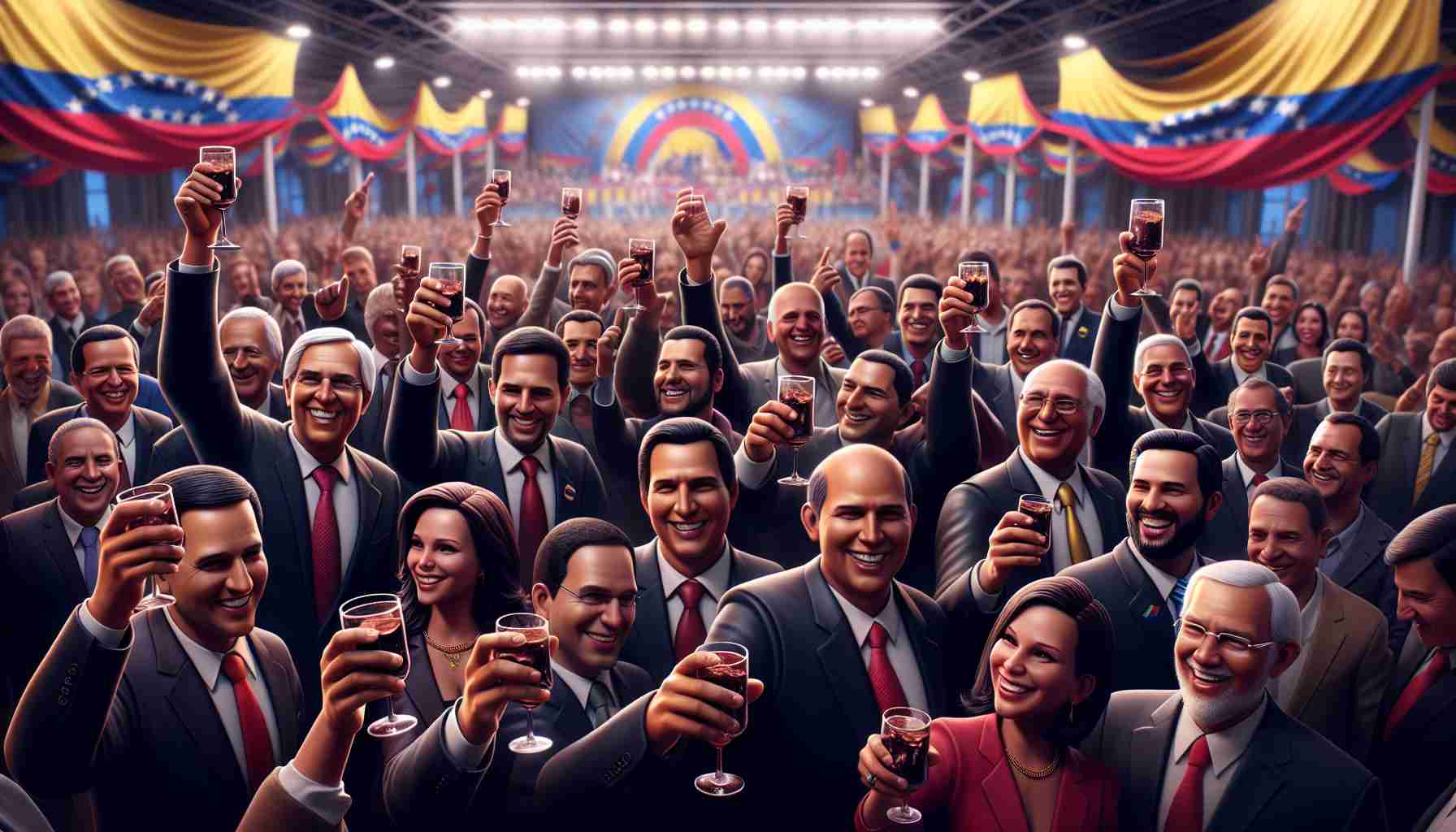 An image depicting a group of Venezuelan politicians in a celebratory setting. They are raising their glasses in a toast, smiles bright on their faces. There is a sense of unity and shared joy among them. The backdrop includes a festively decorated venue, with flags and banners. The individuals are diverse in terms of age, with a balanced representation of men and women. Care is to be taken to emphasize the realistic nature of the image. It should be in high definition and have a rich color palette.