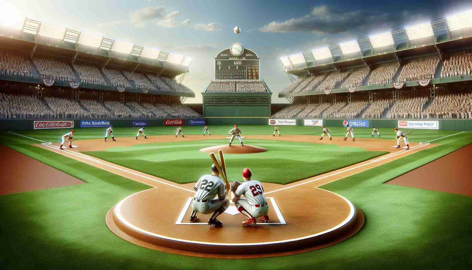 High-definition, realistic illustration of an exhilarating baseball match setting. The field is ready, with two prestigious, unidentified teams prepped and poised for a grand showdown. Their uniforms exude the history of the sport and one can almost feel the palpable anticipation of the 120th championship of a worldwide baseball tournament. The baseball stadium is brimming with energy, a clear sky overhead, and the floodlights poised for the evening game.