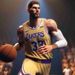 Realistic, high-definition image of a tall, muscular professional basketball player, who stands out on his team for his outstanding performance. The player is wearing gold and purple colors - synonymous with a certain Los Angeles basketball team. The team is off to a successful start in the season, with the player in focus dazzling on the court with his superior skills.