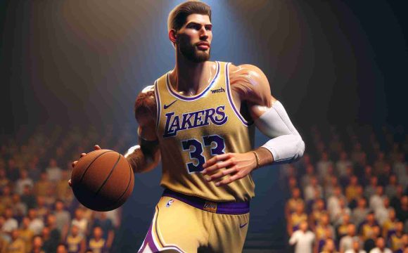 Realistic, high-definition image of a tall, muscular professional basketball player, who stands out on his team for his outstanding performance. The player is wearing gold and purple colors - synonymous with a certain Los Angeles basketball team. The team is off to a successful start in the season, with the player in focus dazzling on the court with his superior skills.