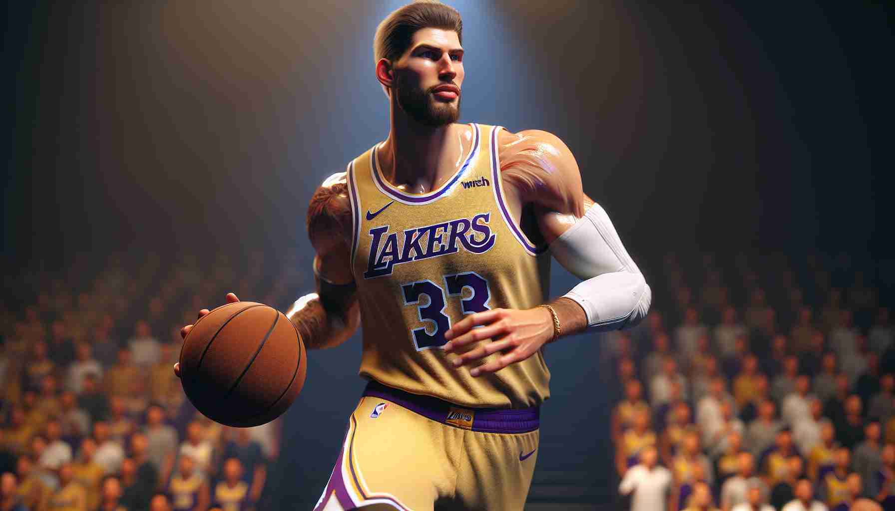 Realistic, high-definition image of a tall, muscular professional basketball player, who stands out on his team for his outstanding performance. The player is wearing gold and purple colors - synonymous with a certain Los Angeles basketball team. The team is off to a successful start in the season, with the player in focus dazzling on the court with his superior skills.