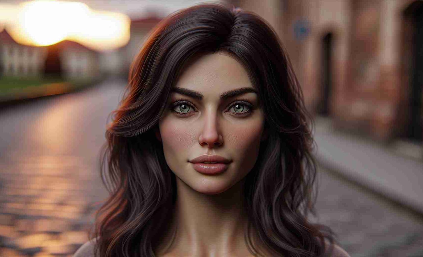 Realistic HD photo of a woman who could be in her late twenties to early thirties, possessing long, dark brown hair and striking green eyes. She embodies an aura of authenticity and purpose in her demeanor. She could be walking along a brick path in an old city, with a setting sun in the background providing a warm atmosphere. The woman's attire is casual, comfortable, yet stylish, reflecting her nature of simplicity with an edge of boldness.