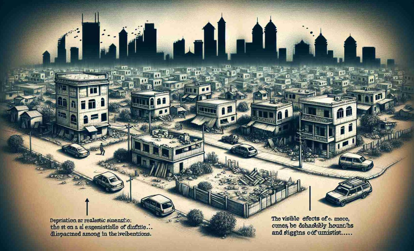 Depiction of a realistic scenario set in a city that's indicative of an escalating conflict, leading to a significant amount of displacement among the inhabitants. The visible effects of such scenarios could be empty streets, abandoned houses, and signs of unrest.