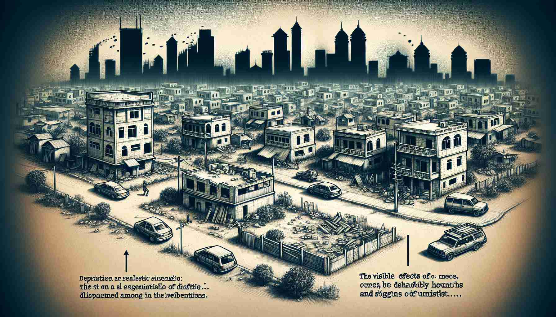 Depiction of a realistic scenario set in a city that's indicative of an escalating conflict, leading to a significant amount of displacement among the inhabitants. The visible effects of such scenarios could be empty streets, abandoned houses, and signs of unrest.