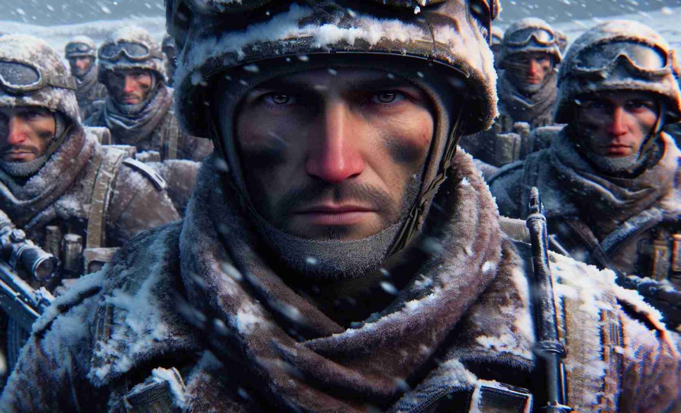 High definition, realistic depiction of non-specific soldiers in a snowy landscape, presumably the Russian front. The soldiers are donning winter gear and thick coats. Their eyes reflect determination and the underlying tension of a potential new era of conflict is palpable.