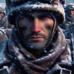 High definition, realistic depiction of non-specific soldiers in a snowy landscape, presumably the Russian front. The soldiers are donning winter gear and thick coats. Their eyes reflect determination and the underlying tension of a potential new era of conflict is palpable.