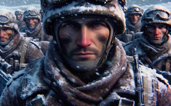 High definition, realistic depiction of non-specific soldiers in a snowy landscape, presumably the Russian front. The soldiers are donning winter gear and thick coats. Their eyes reflect determination and the underlying tension of a potential new era of conflict is palpable.