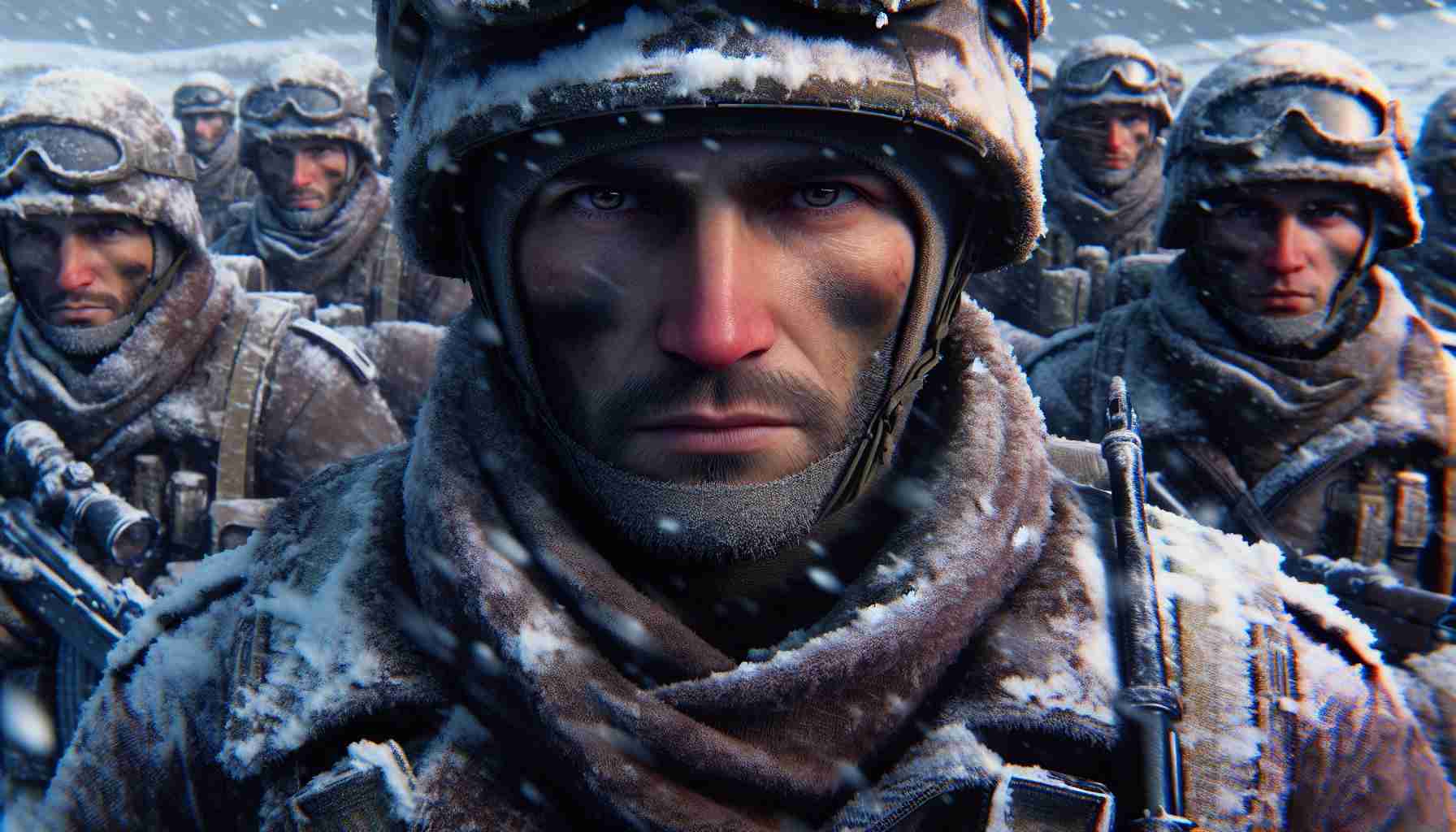 High definition, realistic depiction of non-specific soldiers in a snowy landscape, presumably the Russian front. The soldiers are donning winter gear and thick coats. Their eyes reflect determination and the underlying tension of a potential new era of conflict is palpable.