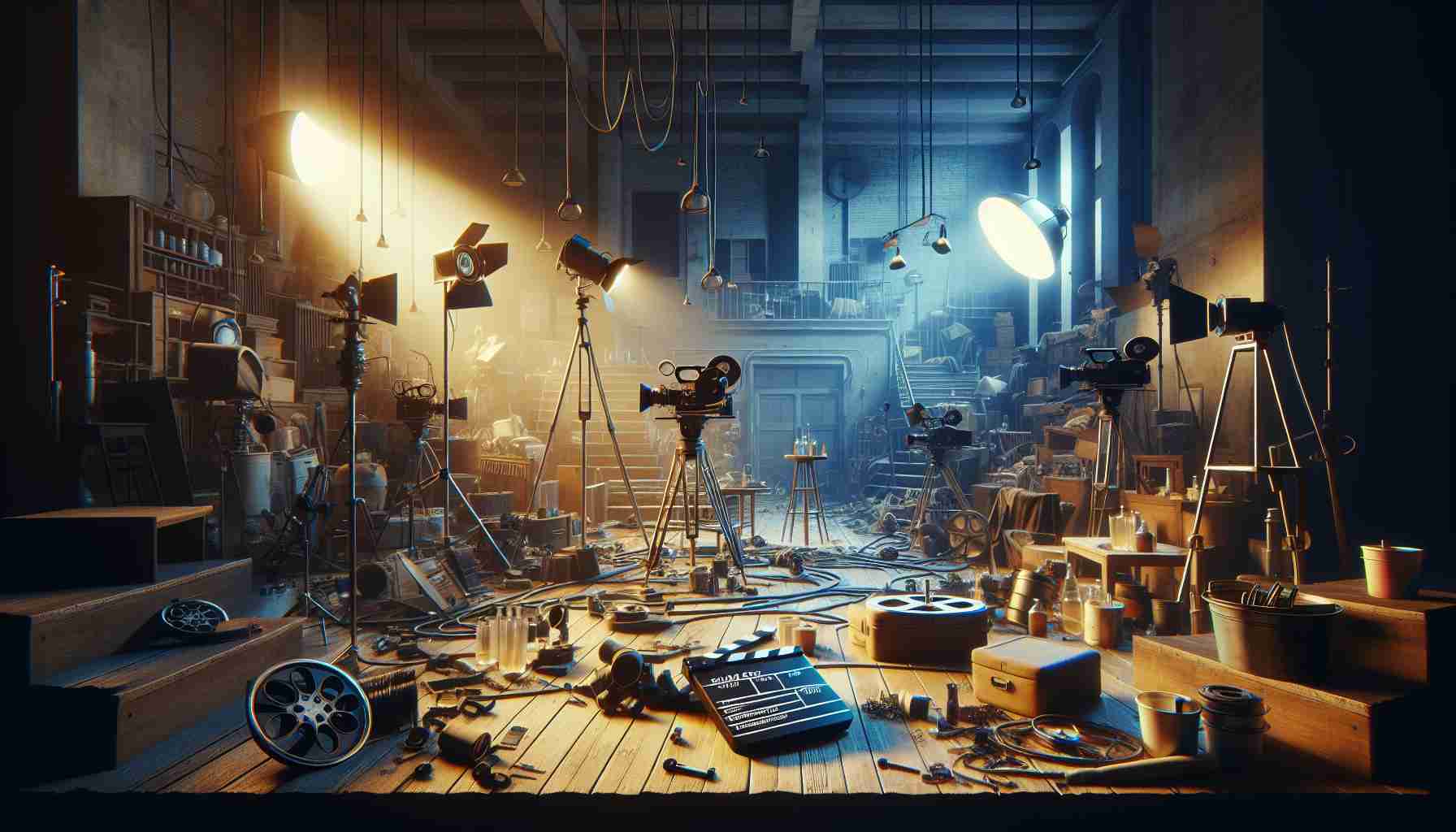 Generate a realistic high-definition image representing the concept of 'Where Time Stands Still: A Film Experience Gone Wrong'. The scene should capture a film set that seems frozen in time, with equipment like cameras, clapperboards, and lightings scattered around. The elements should suggest a hint of chaos, with awkwardly positioned props and misplaced items, to underpin the 'gone wrong' part of the description. Perhaps, the main characters could be shown in the middle of a tense scene, their actions eerily paused mid-movement.