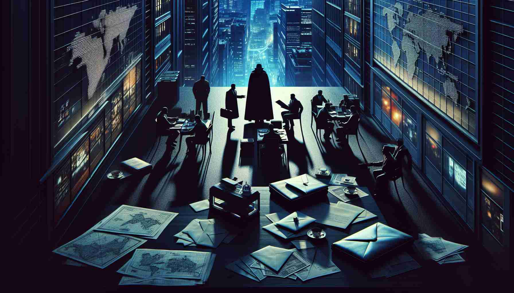 A high-definition, realistic image of an intricate scene portraying international espionage. Details should include clandestine meetings in shadowy corners, a collection of unmarked envelopes containing secret documents, furtive exchanges of information, and the menacing silhouette of a high-ranking, anonymous official. The setting could include both urban and remote locations, hinting at the global scale of the operation. There should be an overarching feeling of suspense and mystery, underlining the high stakes and dangers involved in such covert affairs. The image should effectively capture the tension and intrigue inherent in international spy operations.