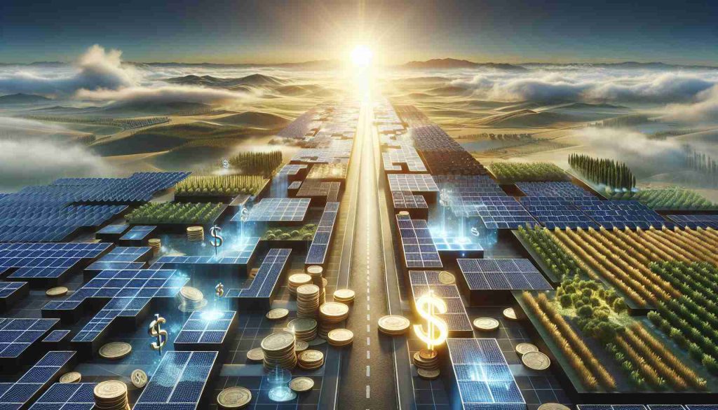 Render a realistic, high-definition image capturing the concept of a 'Solar Power Revolution'. Depict panels across different landscapes, from sunny fields to urban rooftops, reflecting a global commitment to environmental sustainability. Overhead, the sun shines brightly, symbolizing a promising future. Meanwhile, show dollar symbols or coins scattered on the ground, representing funding challenges. Yet, amidst these icons of struggle, show a pathway from darkness to light, subtly conveying the idea that despite obstacles, the way forward is clear and promising.