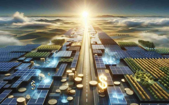 Render a realistic, high-definition image capturing the concept of a 'Solar Power Revolution'. Depict panels across different landscapes, from sunny fields to urban rooftops, reflecting a global commitment to environmental sustainability. Overhead, the sun shines brightly, symbolizing a promising future. Meanwhile, show dollar symbols or coins scattered on the ground, representing funding challenges. Yet, amidst these icons of struggle, show a pathway from darkness to light, subtly conveying the idea that despite obstacles, the way forward is clear and promising.