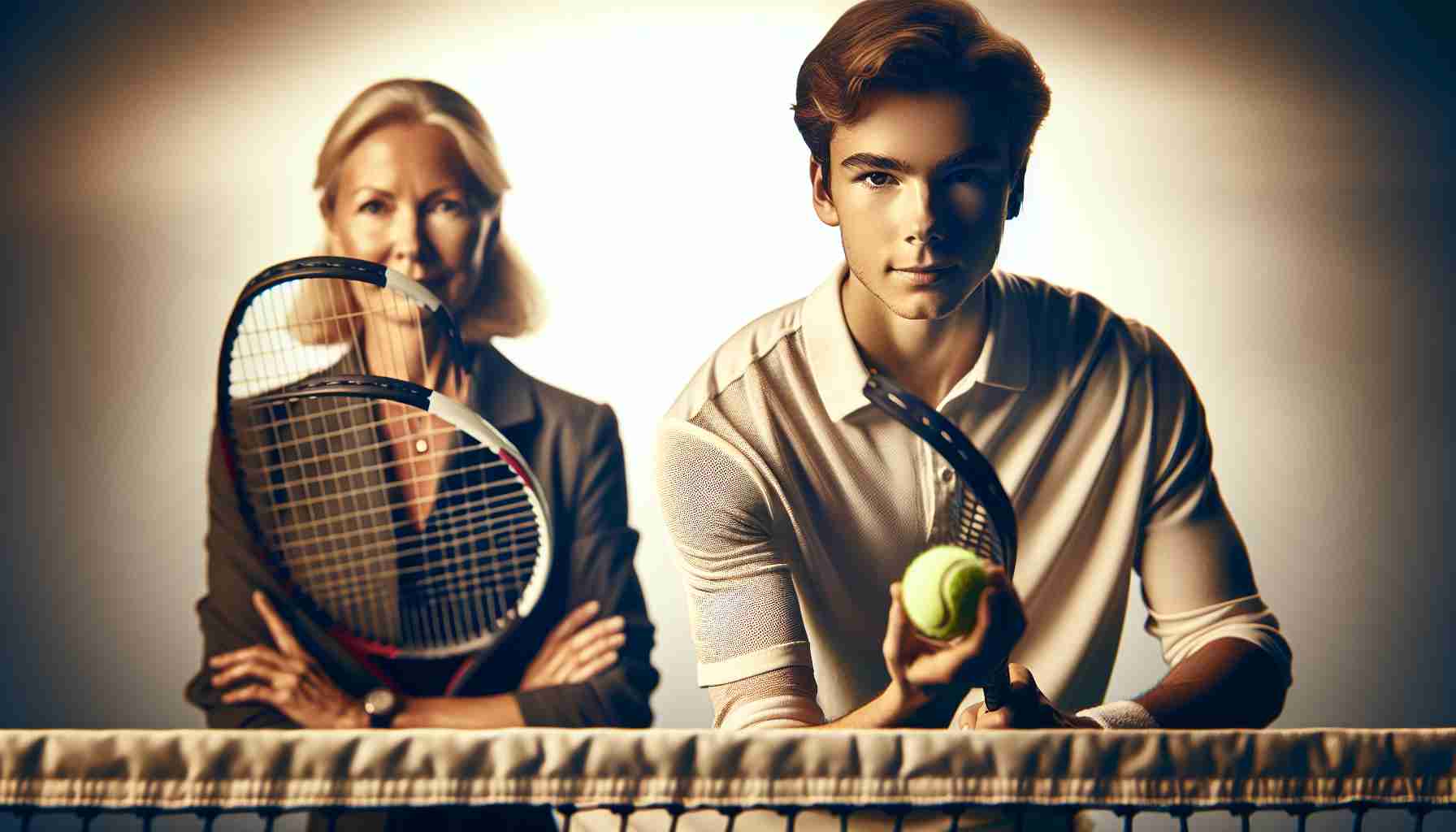 High-definition image of a tennis match between two determined individuals, focused and ready to play. On the left side of the tennis net, a middle-aged, determined Caucasian woman with blond hair holds her racket ready. On the right side of the net, a young, ambitious Caucasian teenager with brunette hair prepares to serve.