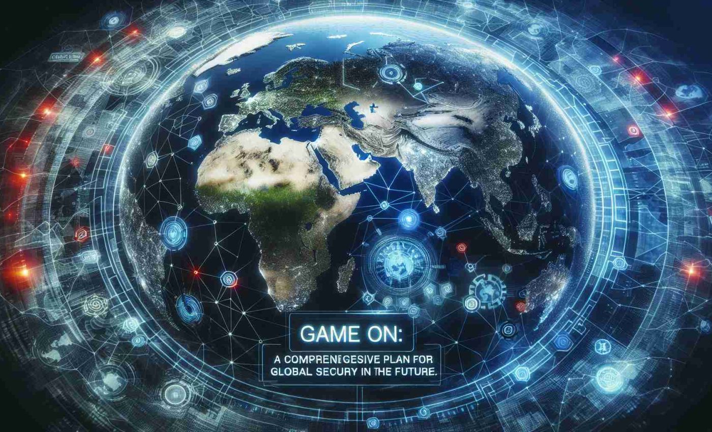 An ultra high-definition, realistic image representation of a global strategy featuring various world regions connected by intricate networks, symbolizing security and future planning. The image includes the words 'Game On: A Comprehensive Plan for Global Security in the Future.'