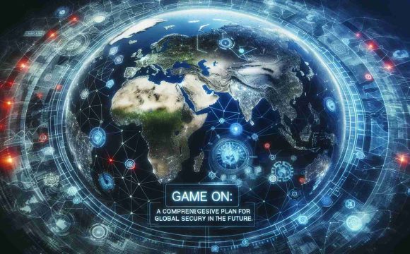 An ultra high-definition, realistic image representation of a global strategy featuring various world regions connected by intricate networks, symbolizing security and future planning. The image includes the words 'Game On: A Comprehensive Plan for Global Security in the Future.'