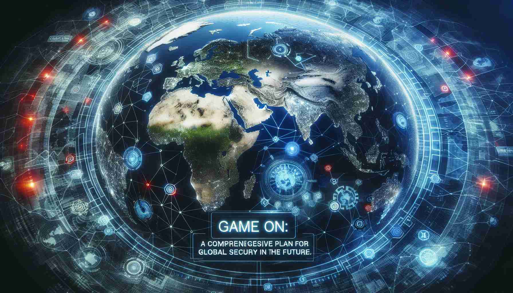 An ultra high-definition, realistic image representation of a global strategy featuring various world regions connected by intricate networks, symbolizing security and future planning. The image includes the words 'Game On: A Comprehensive Plan for Global Security in the Future.'