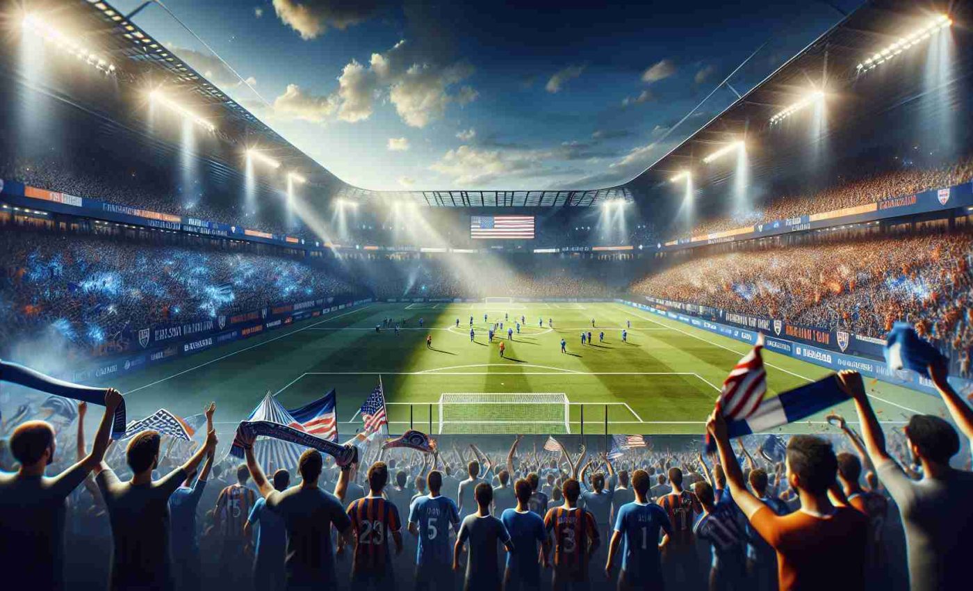 Realistic HD photo of a highly anticipated soccer match under a bright sky. The atmosphere is electrifying as two American professional soccer teams, one with blue and white uniforms and the other with orange and blue ones, prepare for a crucial playoff showdown. Excited fans, bearing banners, scarves and other fan gear, are eagerly awaiting the kickoff. The stadium is filled to the brim, resonating with anticipatory cheers and chants, truly embodying the phrase 'Excitement in the Air'.