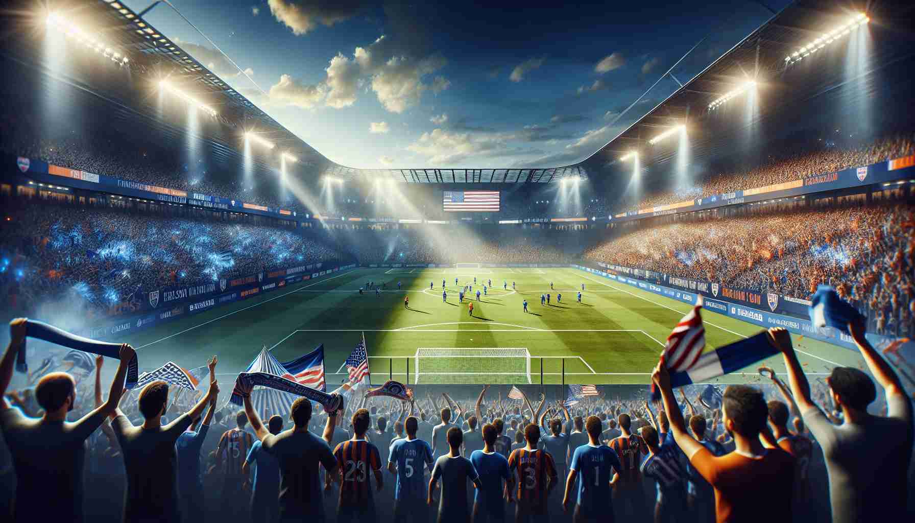 Realistic HD photo of a highly anticipated soccer match under a bright sky. The atmosphere is electrifying as two American professional soccer teams, one with blue and white uniforms and the other with orange and blue ones, prepare for a crucial playoff showdown. Excited fans, bearing banners, scarves and other fan gear, are eagerly awaiting the kickoff. The stadium is filled to the brim, resonating with anticipatory cheers and chants, truly embodying the phrase 'Excitement in the Air'.