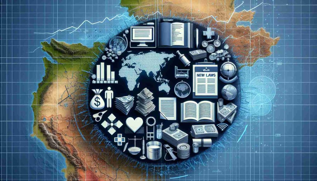 Create a realistic, high definition image depicting a symbolic representation of new laws potentially impacting humanitarian aid to a conflicted region. This could include elements such as legal documents signifying new laws, objects symbolizing humanitarian aid (like food, water, medical supplies), and an abstract representation of a region in conflict like a mapped area with symbolic stress marks.