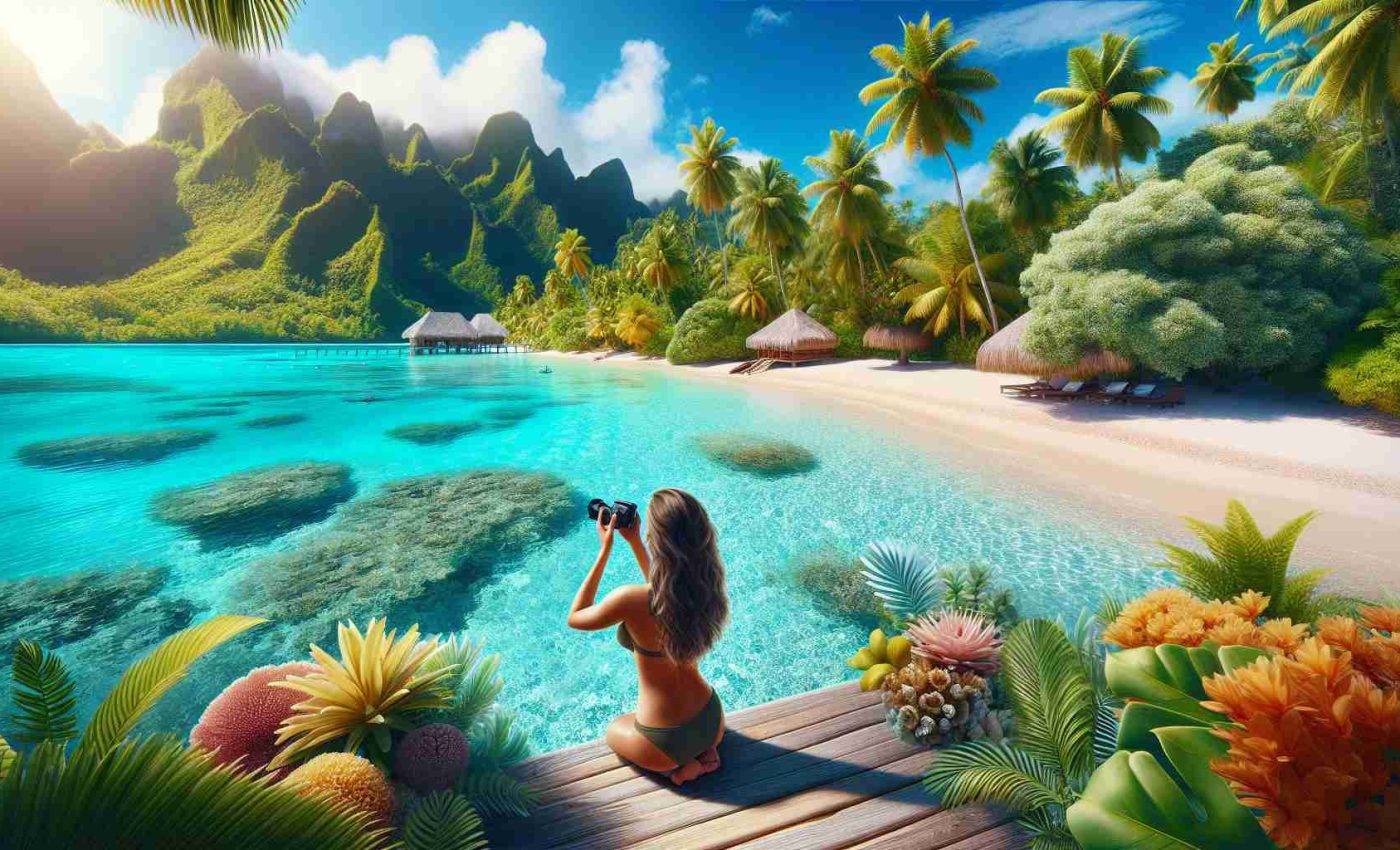 Generate a high-definition, realistic image depicting a scene from 'The Golden Bachelorette.' Focus on depicting 'Love in Paradise: A Caucasian woman's (named Joan) Romantic Adventure in Tahiti.' Show lush and vibrant tropical scenery, with turquoise waters, white sandy beaches and an array of tropical flora. Joan should be depicted as enjoying an adventurous moment, perhaps engaging in snorkeling, exploring the island, or having a romantic beachside meal.