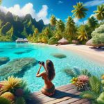 Generate a high-definition, realistic image depicting a scene from 'The Golden Bachelorette.' Focus on depicting 'Love in Paradise: A Caucasian woman's (named Joan) Romantic Adventure in Tahiti.' Show lush and vibrant tropical scenery, with turquoise waters, white sandy beaches and an array of tropical flora. Joan should be depicted as enjoying an adventurous moment, perhaps engaging in snorkeling, exploring the island, or having a romantic beachside meal.