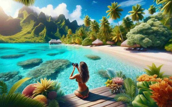 Generate a high-definition, realistic image depicting a scene from 'The Golden Bachelorette.' Focus on depicting 'Love in Paradise: A Caucasian woman's (named Joan) Romantic Adventure in Tahiti.' Show lush and vibrant tropical scenery, with turquoise waters, white sandy beaches and an array of tropical flora. Joan should be depicted as enjoying an adventurous moment, perhaps engaging in snorkeling, exploring the island, or having a romantic beachside meal.