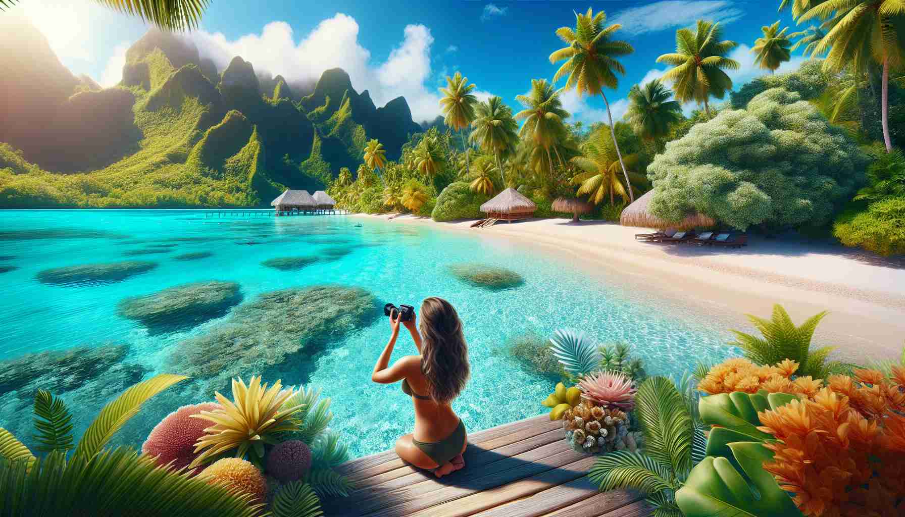 Generate a high-definition, realistic image depicting a scene from 'The Golden Bachelorette.' Focus on depicting 'Love in Paradise: A Caucasian woman's (named Joan) Romantic Adventure in Tahiti.' Show lush and vibrant tropical scenery, with turquoise waters, white sandy beaches and an array of tropical flora. Joan should be depicted as enjoying an adventurous moment, perhaps engaging in snorkeling, exploring the island, or having a romantic beachside meal.