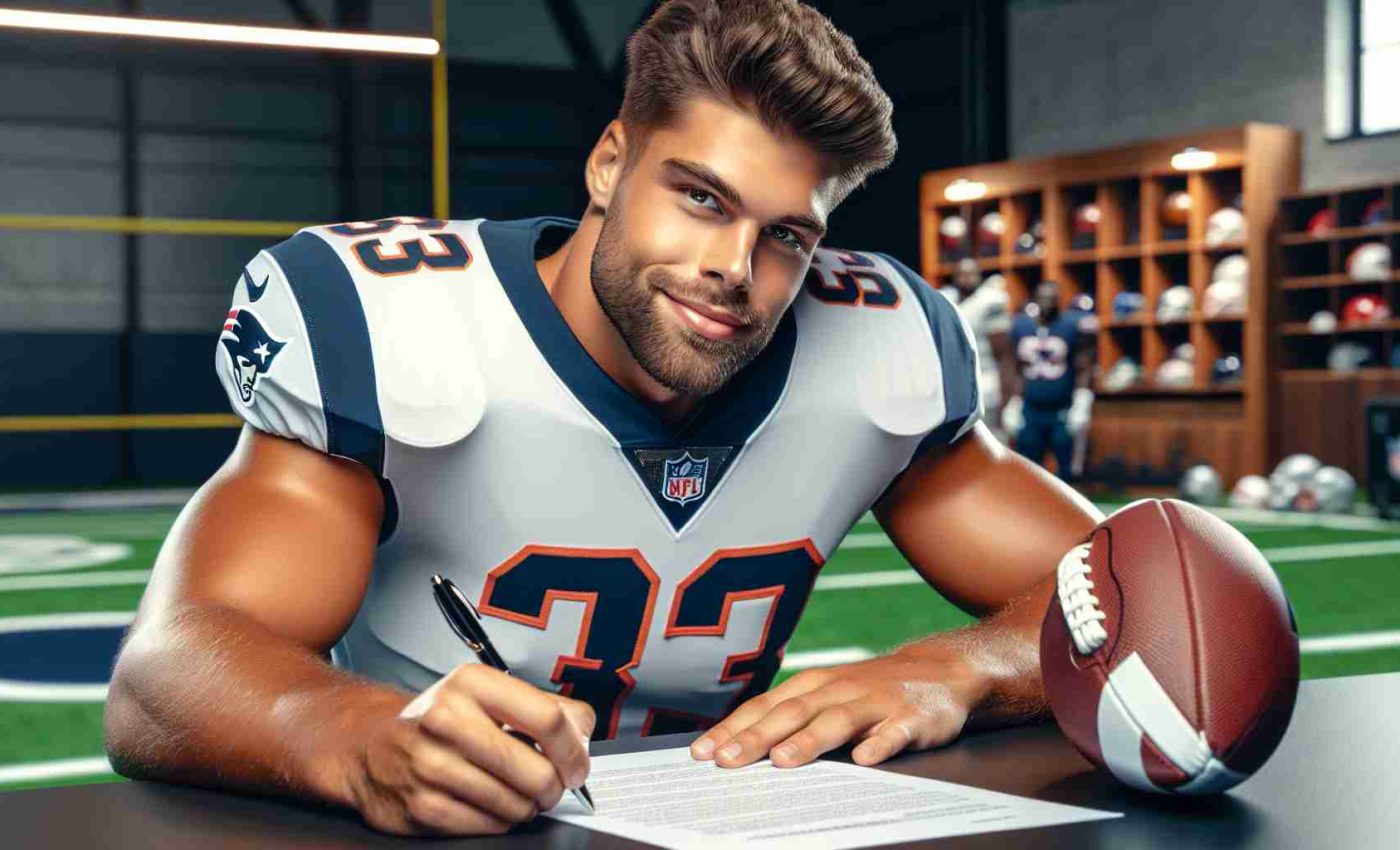 Realistic HD photo of a notable professional football team making a bold move by signing a linebacker, who we'll call 'Player JD'. Player JD is portraying signing a contract, looking pleased with his decision. Focus on the intensity in the player's eyes, the genuine smile and the firm grip on the pen. Also, incorporate elements of a football field in the background and include typical team colors in the uniforms.