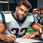 Realistic HD photo of a notable professional football team making a bold move by signing a linebacker, who we'll call 'Player JD'. Player JD is portraying signing a contract, looking pleased with his decision. Focus on the intensity in the player's eyes, the genuine smile and the firm grip on the pen. Also, incorporate elements of a football field in the background and include typical team colors in the uniforms.