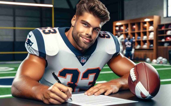 Realistic HD photo of a notable professional football team making a bold move by signing a linebacker, who we'll call 'Player JD'. Player JD is portraying signing a contract, looking pleased with his decision. Focus on the intensity in the player's eyes, the genuine smile and the firm grip on the pen. Also, incorporate elements of a football field in the background and include typical team colors in the uniforms.