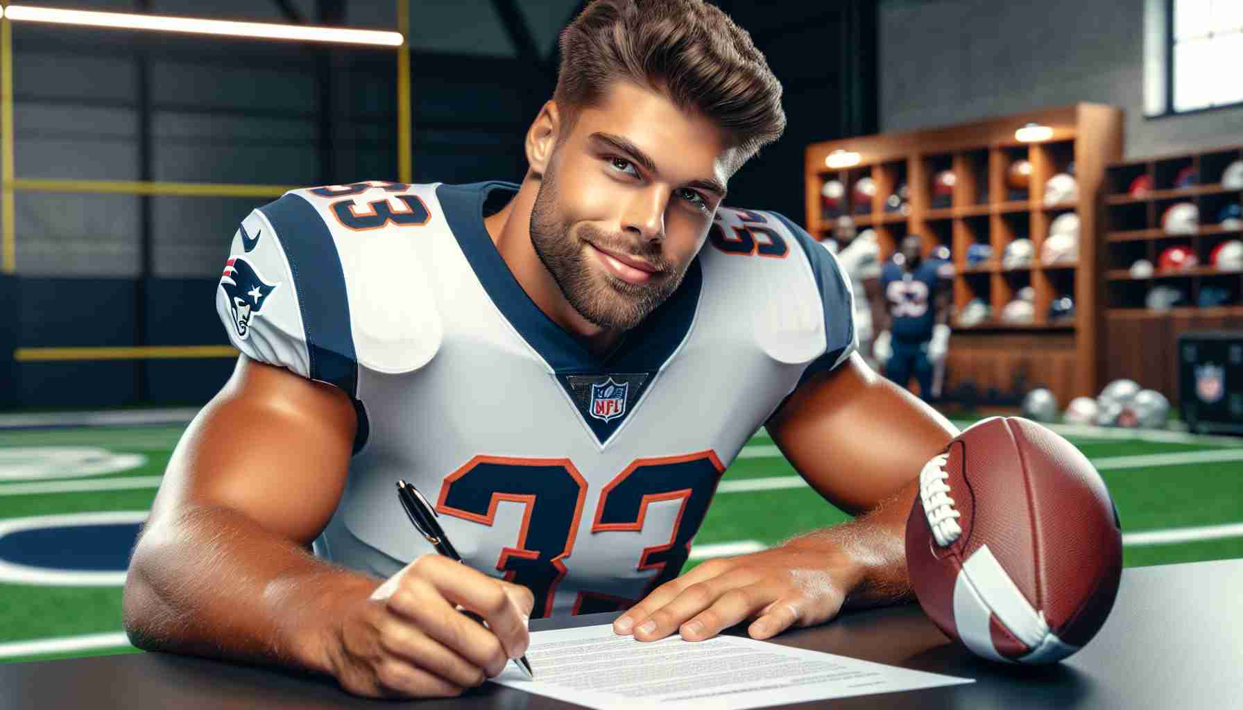 Realistic HD photo of a notable professional football team making a bold move by signing a linebacker, who we'll call 'Player JD'. Player JD is portraying signing a contract, looking pleased with his decision. Focus on the intensity in the player's eyes, the genuine smile and the firm grip on the pen. Also, incorporate elements of a football field in the background and include typical team colors in the uniforms.