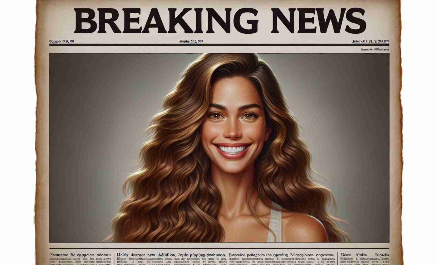 A detailed, high-definition image of a breaking news poster. The headline reads 'Surprising New Addition: Joyful News!' The poster contains an image of a smiling woman with long, wavy light-brown hair. She is of Brazilian descent and possesses the physique of a supermodel, including high cheekbones and a slender figure, but does not represent any specific individual. She exhibits an aura of joy and surprise.