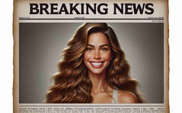 A detailed, high-definition image of a breaking news poster. The headline reads 'Surprising New Addition: Joyful News!' The poster contains an image of a smiling woman with long, wavy light-brown hair. She is of Brazilian descent and possesses the physique of a supermodel, including high cheekbones and a slender figure, but does not represent any specific individual. She exhibits an aura of joy and surprise.