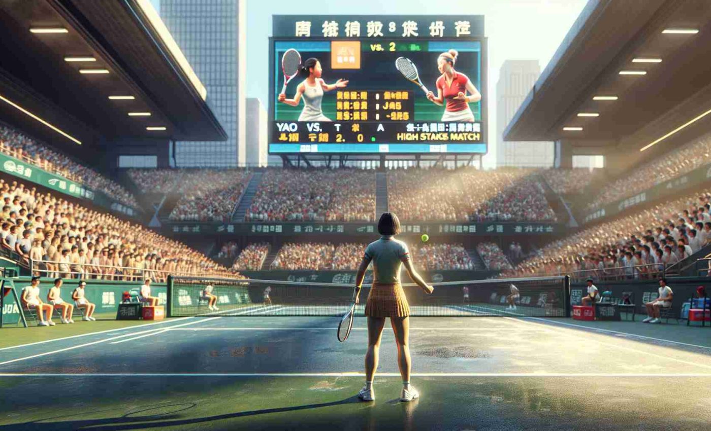 A realistic high-definition image representing a thrilling tennis match at the Jiangxi Open. In this scene, depicted under the bright sun on a professional tennis court, a determined Asian female tennis player, presumably the underdog named Yao, is seen locked in a challenging contest with another equally determined Caucasian female player. The crowd can be seen filled with anticipation, waiting for the next move. Displayed on a large electronic scoreboard are the words 'Yao vs. Player A: High Stakes Match'.