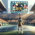 A realistic high-definition image representing a thrilling tennis match at the Jiangxi Open. In this scene, depicted under the bright sun on a professional tennis court, a determined Asian female tennis player, presumably the underdog named Yao, is seen locked in a challenging contest with another equally determined Caucasian female player. The crowd can be seen filled with anticipation, waiting for the next move. Displayed on a large electronic scoreboard are the words 'Yao vs. Player A: High Stakes Match'.