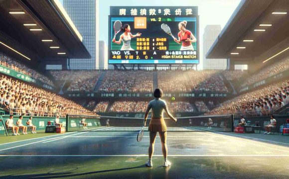 A realistic high-definition image representing a thrilling tennis match at the Jiangxi Open. In this scene, depicted under the bright sun on a professional tennis court, a determined Asian female tennis player, presumably the underdog named Yao, is seen locked in a challenging contest with another equally determined Caucasian female player. The crowd can be seen filled with anticipation, waiting for the next move. Displayed on a large electronic scoreboard are the words 'Yao vs. Player A: High Stakes Match'.