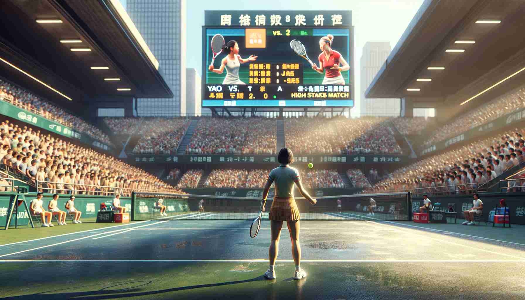 A realistic high-definition image representing a thrilling tennis match at the Jiangxi Open. In this scene, depicted under the bright sun on a professional tennis court, a determined Asian female tennis player, presumably the underdog named Yao, is seen locked in a challenging contest with another equally determined Caucasian female player. The crowd can be seen filled with anticipation, waiting for the next move. Displayed on a large electronic scoreboard are the words 'Yao vs. Player A: High Stakes Match'.