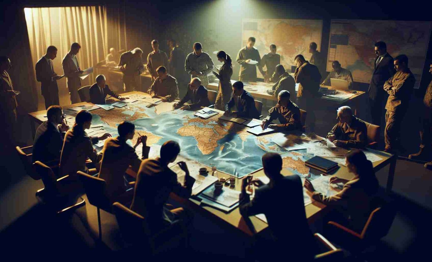 Realistic HD photo of a fictional country implementing a new strategy in response to growing tensions. The image can depict a table full of papers, maps and strategic plans, with people of various descent and genders discussing the situation. The atmosphere should reflect the seriousness of the situation, with subdued lighting to enhance the dramatic effect.