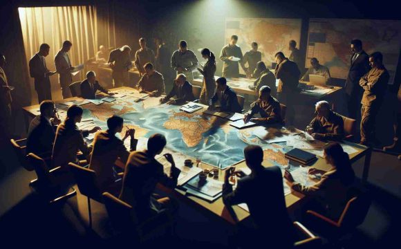 Realistic HD photo of a fictional country implementing a new strategy in response to growing tensions. The image can depict a table full of papers, maps and strategic plans, with people of various descent and genders discussing the situation. The atmosphere should reflect the seriousness of the situation, with subdued lighting to enhance the dramatic effect.