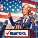 Create a realistic HD image depicting a female politician receiving positive response in a New York poll, and illustrate its implications for a legislative body.