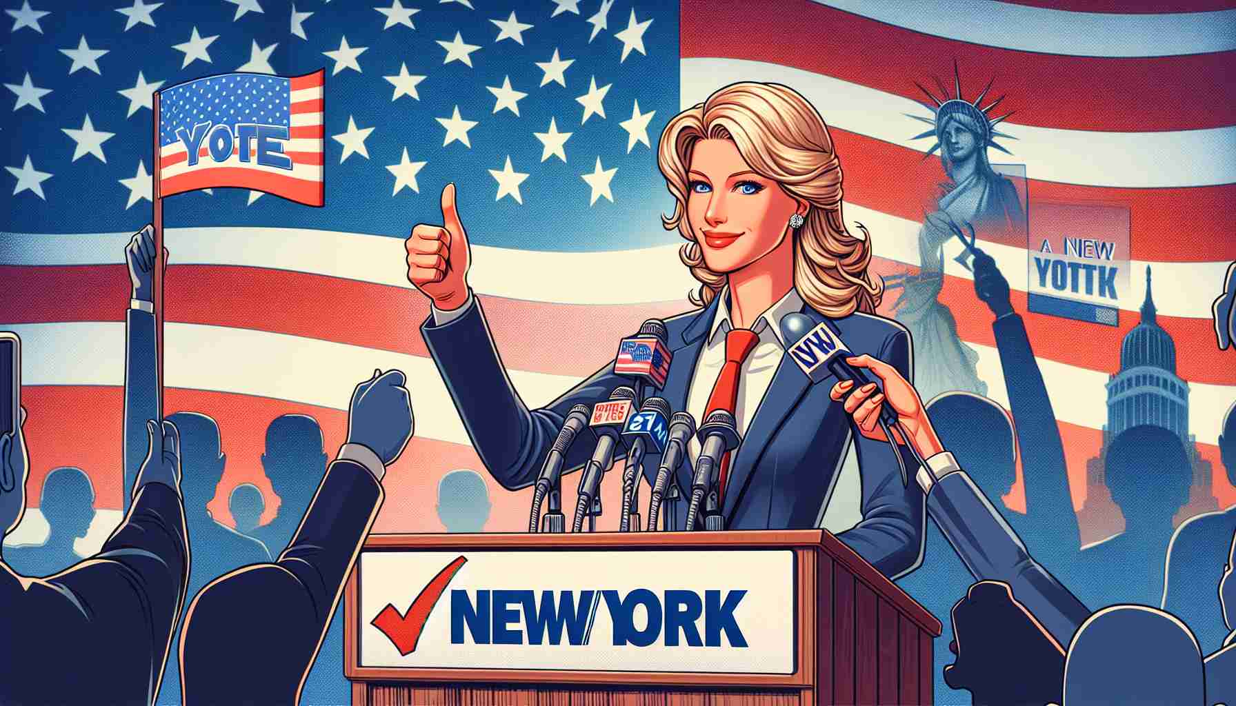 Create a realistic HD image depicting a female politician receiving positive response in a New York poll, and illustrate its implications for a legislative body.