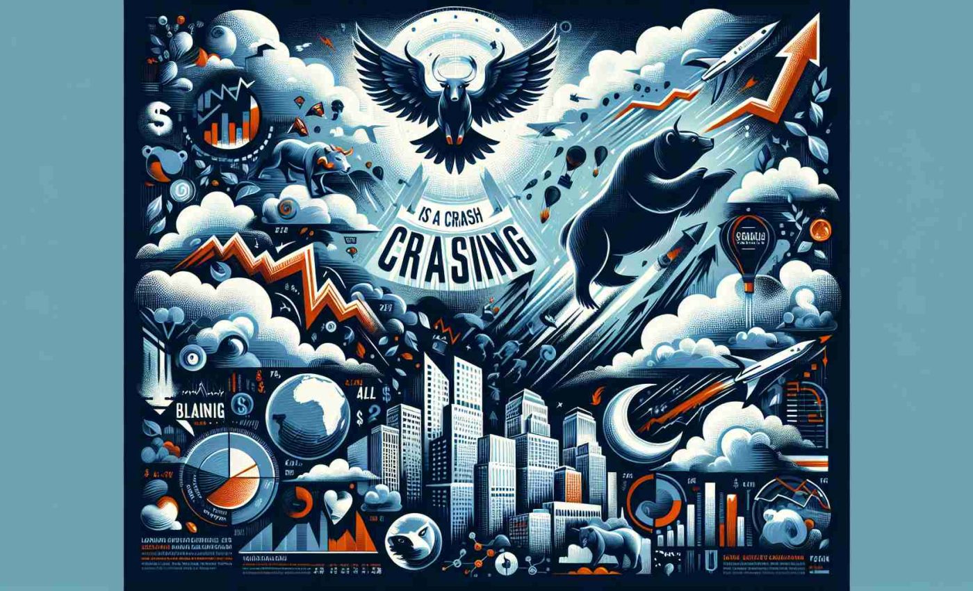 A visually compelling image depicting the theme of soaring and crashing. Include elements that symbolize Wall Street, such as a bull and bear, a stock market ticker, and skyscrapers. Also include representations of 'soaring', perhaps with a rocket or a bird rising high into the sky. For the 'looming crash', consider showing dark storm clouds, a downward pointing arrow, or an ominous shadow. Pair these visual themes with a technology company logo, but not a specific one. Include the headline 'Is a Crash Looming?' incorporated into the design.