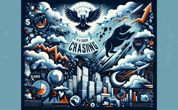 A visually compelling image depicting the theme of soaring and crashing. Include elements that symbolize Wall Street, such as a bull and bear, a stock market ticker, and skyscrapers. Also include representations of 'soaring', perhaps with a rocket or a bird rising high into the sky. For the 'looming crash', consider showing dark storm clouds, a downward pointing arrow, or an ominous shadow. Pair these visual themes with a technology company logo, but not a specific one. Include the headline 'Is a Crash Looming?' incorporated into the design.