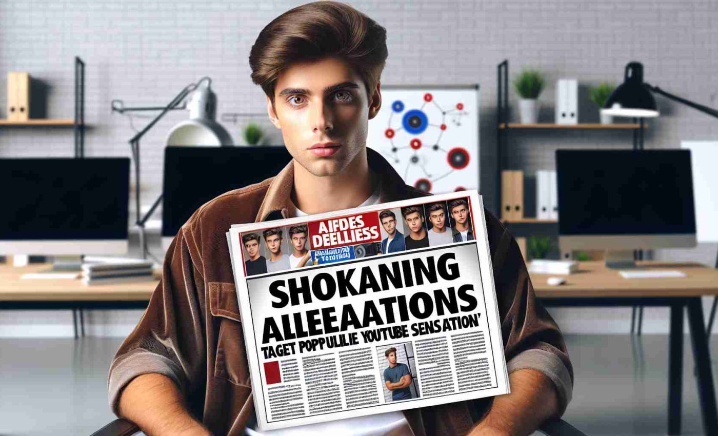 Create a high-definition, realistic image of a sensational internet personality with brown hair and eyes, often seen in stylish casual clothing. He is sitting in a modern office, surrounded by computer equipment and a large whiteboard depicting video plans. The focal point of the image is a tabloid newspaper headline that reads 'Shocking Allegations Target Popular YouTube Sensation'.