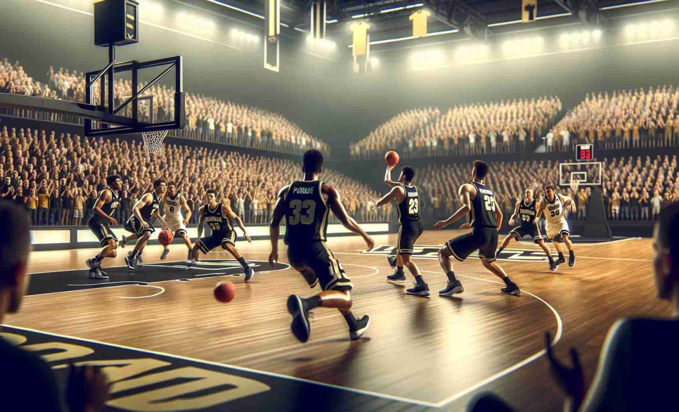 A realistic high-definition image of a pre-season exhibition basketball game. It's a challenging match between two collegiate teams. The audience filled up the stadium, cheering and waving banners. In the middle of the play, one team identifiable by their black and gold uniforms symbolizing Purdue, seems to be facing a tough time. Players sweat, dribble, and leap in a demonstration of skill, tension, and strategy. The opponents are equally enthusiastic, showcasing their skills in their vibrant uniforms. The atmosphere is electric.